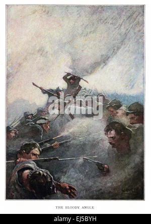 This illustration titled The Bloody Angle is from Mary Johnston's 1912 novel titled Cease Firing, which was illustrated by American artist N.C. Wyeth. Bloody Angle was part of the Battle of Spotsylvania Court House fought in Virginia in May 1864, during the American Civil War.  Ulysses Grant tried to break through the Confederate line, but was unable - there was no winner and the casualties were very high. Stock Photo