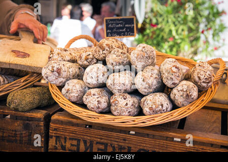 French Sausage in basket  Stall France, Europe Stock Photo