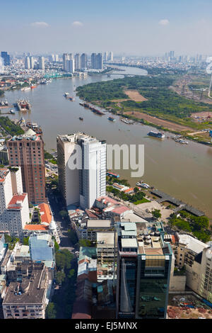 Aerial view of the Saigon River from the Bitexco Financial Tower Observation Deck. Ho Chi Minh City, Vietnam. Stock Photo