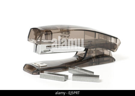 Transparent gray office stapler and staples isolated on white Stock Photo