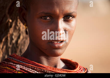 Close-up of a young Rendille woman, Korr area, Kenya Stock Photo