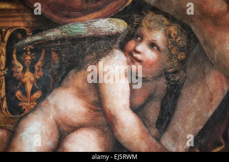 Fresco of Cupid ( Putto)   in the Room of the marriage of Alexander and Roxana. Villa Farnesina, Rome, Italy. Stock Photo