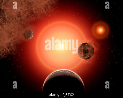 Planets In Orbit Around A Binary Star System . Stock Photo