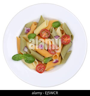 Colorful Penne Rigate noodles pasta meal isolatedl on a plate from above Stock Photo