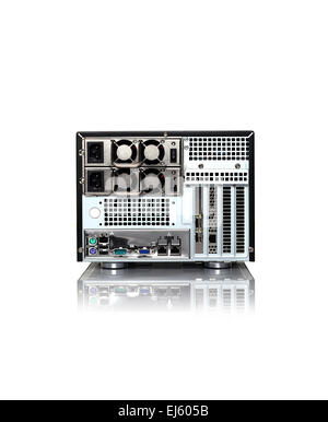 Back view of a small modern computer on a white background. Stock Photo