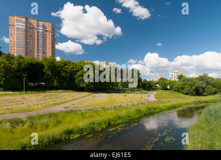 Sunny day on the Yauza river in Moscow Stock Photo