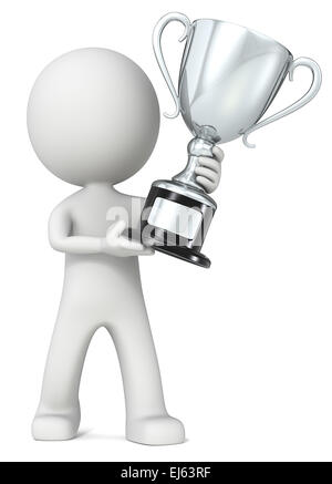 Winner. The dude 3D character holding Gold Trophy Stock Photo - Alamy