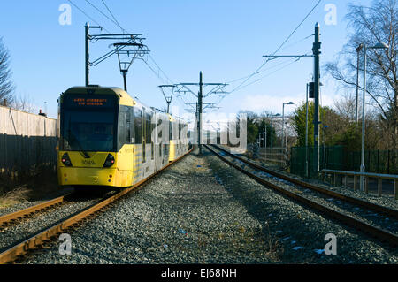 Metrolink tram near the Newbold stop, on the Oldham-Rochdale line, Newbold, Rochdale, Manchester, England, UK. Stock Photo