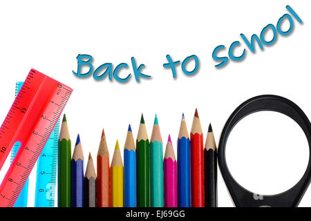 Back to school - coloring crayons and ruler isolated on white background Stock Photo