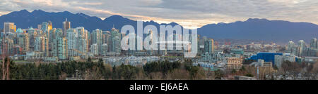 Vancouver British Columbia Canada City Skyline Along False Creek During Sunrise Panorama Stock Photo