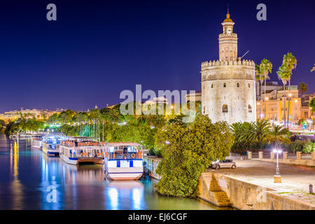 Seville, Spain at the Torre del Oro on the Guadalquivir River. Stock Photo