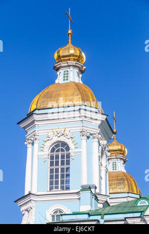 Orthodox St. Nicholas Naval Cathedral, facade fragment with golden domes, Saint-Petersburg, Russia Stock Photo