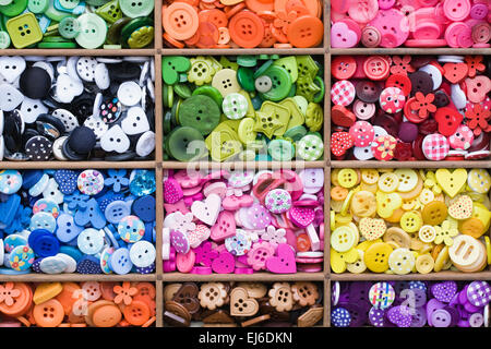 Colourful buttons in a wooden draw. Stock Photo