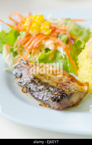 Grilled fish with fresh salad  , Saba fish teriyaki sauce japanese food Stock Photo