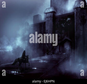 Scary night castle in fog with fantasy horseman riding on a wooden bridge illustration. Stock Photo
