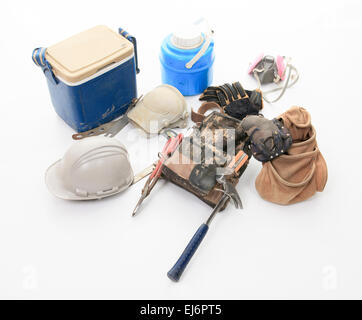 construction employee tools over white background Stock Photo