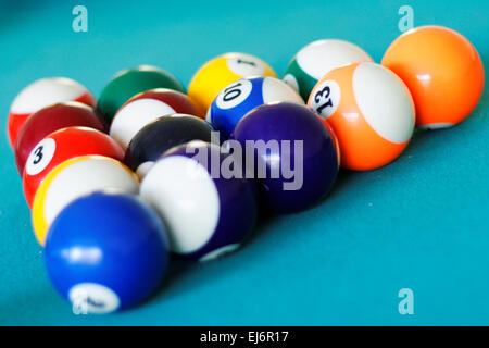 Closeup of pool balls racked in triangle on a pool table. Stock Photo
