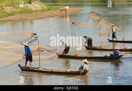 Fishermen fishing on the river, Bago, Bago Region, Myanmar Stock Photo