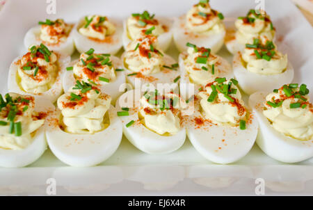 Plate of delicious devilled eggs ready for a luncheon, picnic, or appetizers.Deviled eggs on a plate. Stock Photo