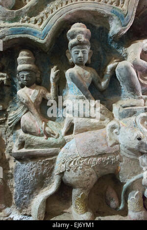 Stone carving in Shitthaung Temple, Mrauk-U, Rakhine State, Myanmar Stock Photo
