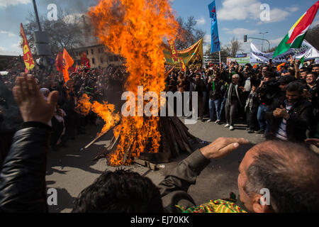 Kurdish, Turkey. 22nd Mar, 2015. The crowd cheer and dance when the traditional bonfire is set alight, at Newroz celebration rally. © Piero Castellano/Pacific Press/Alamy Live News Stock Photo