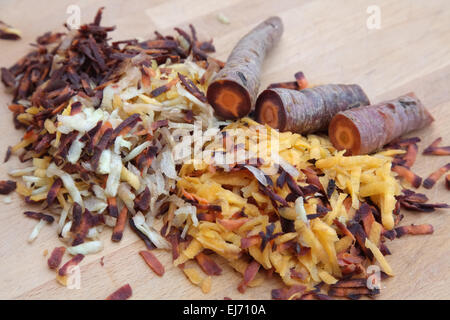 Daucus carota - coloured cultivars of carrot ssshredded for use in carrot cake with 'Purple Haze' cultivar at rear Stock Photo