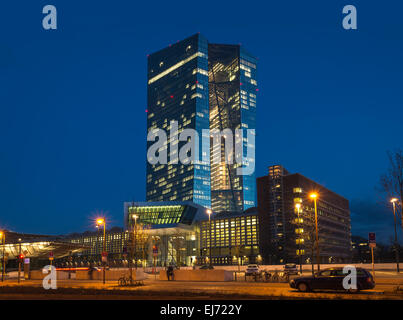 The new European Central Bank, ECB, front side of the building, illuminated at night, Frankfurt am Main, Hesse, Germany Stock Photo