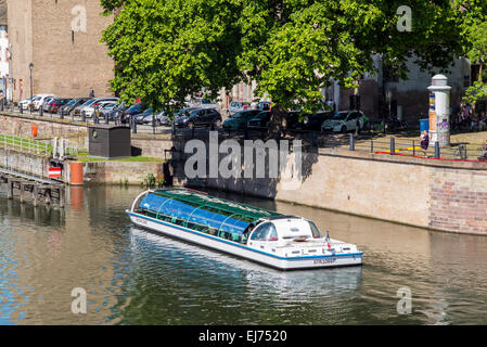 Batorama sightseeing tour boat, river cruise,  La Petite France district,  Strasbourg Alsace France Europe Stock Photo