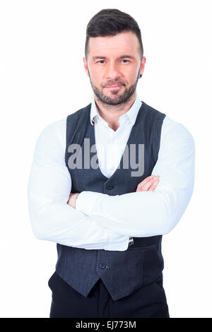 Bar bouncer arm cross over a white background studio Stock Photo