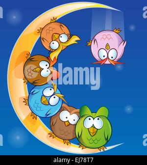 owl group cartoon on moon Stock Vector