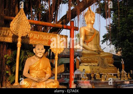 Buddha image and holy man sitting under Bodhi tree Stock Photo