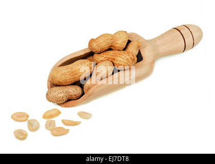 Pile of dry roasted peanuts in scoop isolated on white background. Closeup. Stock Photo