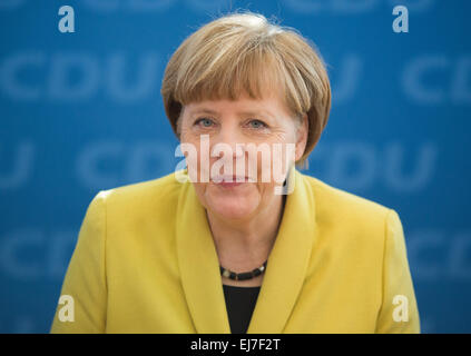 Berlin, Germany. 23rd Mar, 2015. German chancellor Angela Merkel (CDU) smiles prior to the CDU board meeting in Berlin, Germany, 23 March 2015. Photo: Lukas Schulze/dpa/Alamy Live News Stock Photo