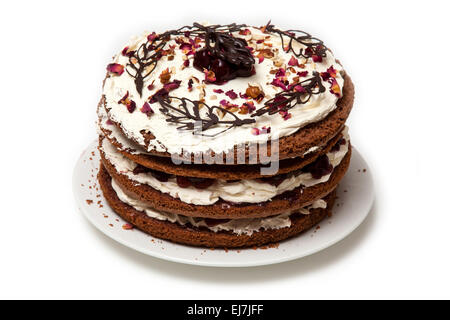 Black forest Gateau cream cake isolated on a white studio background. Stock Photo