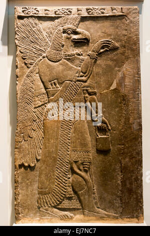 Assyrian sculpted relief of an Eagle-headed protective spirit.  Dates from c865-860 BC. Originally in Temple of Ninurta, Nimrud. Stock Photo