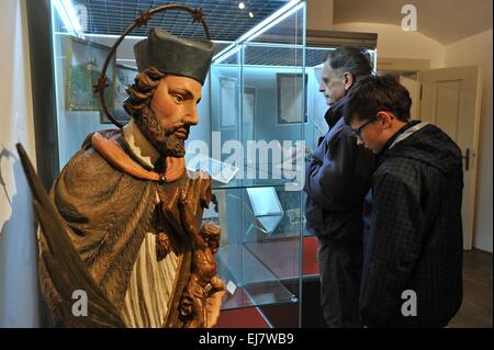 A renewed St John´s Museum, devoted to Jan Nepomuk (John Nepomucen), who was born in Nepomuk between 1340 and 1350 and tortured to death in 1393 and who is allegedly the most famous Czech saint abroad, was opened by Cardinal Dominik Duka in Nepomuk, Czech Republic, March 21, 2015. Along with Duka, the reliquary of St John Nepomuk with one of the most valuable Czech relics, a part of St John´s tissue, arrived in Nepomuk for a few hours.The reliquary is a part of the St Wenceslas treasure at Prague Castle. (CTK Photo/Pavel Nemecek) Stock Photo