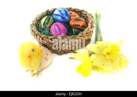 Easter nest with chicks and eggs Stock Photo