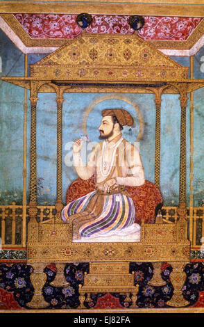 Shah Jahan on the Peacock Throne. Mughal miniature painting circa 1630 A.D. India Stock Photo