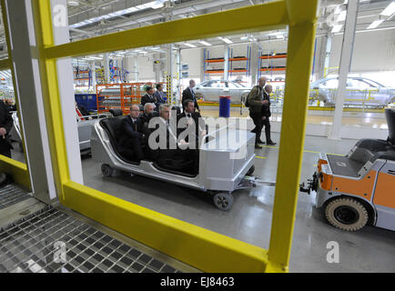 Kvasiny, East Bohemia. 23rd Mar, 2015. Czech Prime Minister Bohuslav Sobotka (left in car) during his visit in Skoda Auto factory in Kvasiny, East Bohemia, Czech Republic, March 23, 2015. Bohuslav Sobotka and representatives of the Hradec Kralove Region and Skoda Auto signed a cooperation memorandum on the development of the Solnice-Kvasiny industrial zone according to which the zone will get about Kc2bn from public resources. © Josef Vostarek/CTK Photo/Alamy Live News Stock Photo