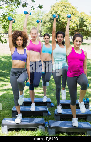 Determined women doing step aerobics in park Stock Photo