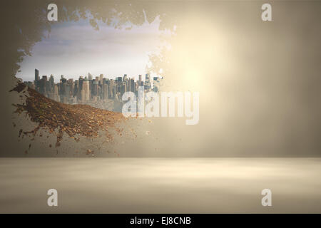 Splash on wall revealing cityscape Stock Photo