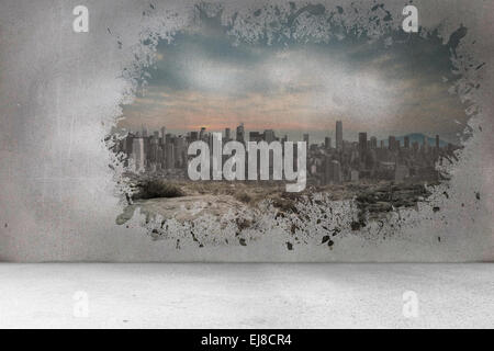 Splash on wall revealing city view Stock Photo