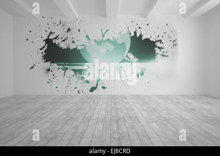 Splash on wall revealing global graphic Stock Photo