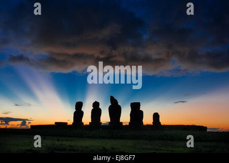 Ahu Vai Uri, Easter Island, Rapa Nui at sunset Stock Photo