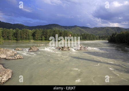 Storm clouds over the sunlit river Katun. Stock Photo