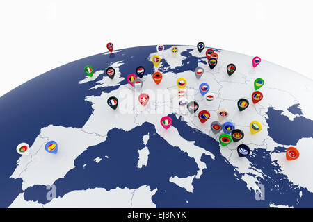 3d render of Europe map with countries flags location pins Stock Photo