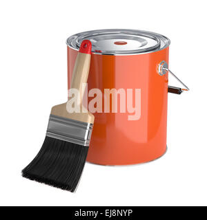 3d rendering of orange paint in the closed can with new clear brush. Renovation concept Stock Photo