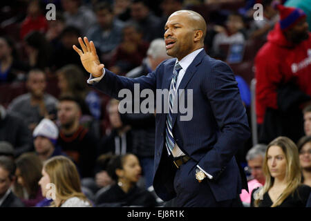 March 20, 2015: New York Knicks head coach Derek Fisher reacts during the NBA game between the New York Knicks and the Philadelphia 76ers at the Wells Fargo Center in Philadelphia, Pennsylvania. The Philadelphia 76ers won 97-81. Stock Photo