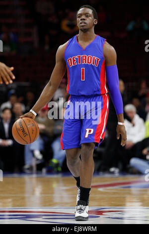March 18, 2015: Detroit Pistons guard Reggie Jackson (1) in action during the NBA game between the Detroit Pistons and the Philadelphia 76ers at the Wells Fargo Center in Philadelphia, Pennsylvania. The Philadelphia 76ers won 94-83. Stock Photo
