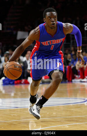 March 18, 2015: Detroit Pistons guard Reggie Jackson (1) in action during the NBA game between the Detroit Pistons and the Philadelphia 76ers at the Wells Fargo Center in Philadelphia, Pennsylvania. The Philadelphia 76ers won 94-83. Stock Photo